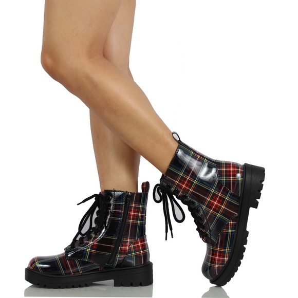 Plaided Lace Up Combat Ankle Bootie - Picture 5 of 5